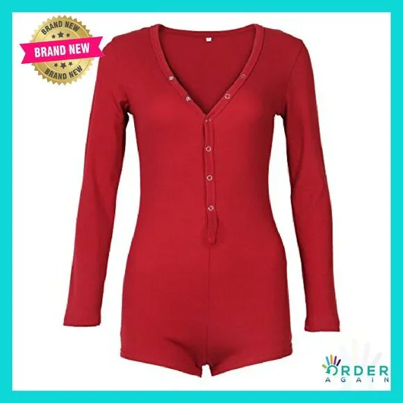 Sexy Long Sleeve Bodysuit Romper Deep V Neck Bodycon Pajama Onesie Chic
